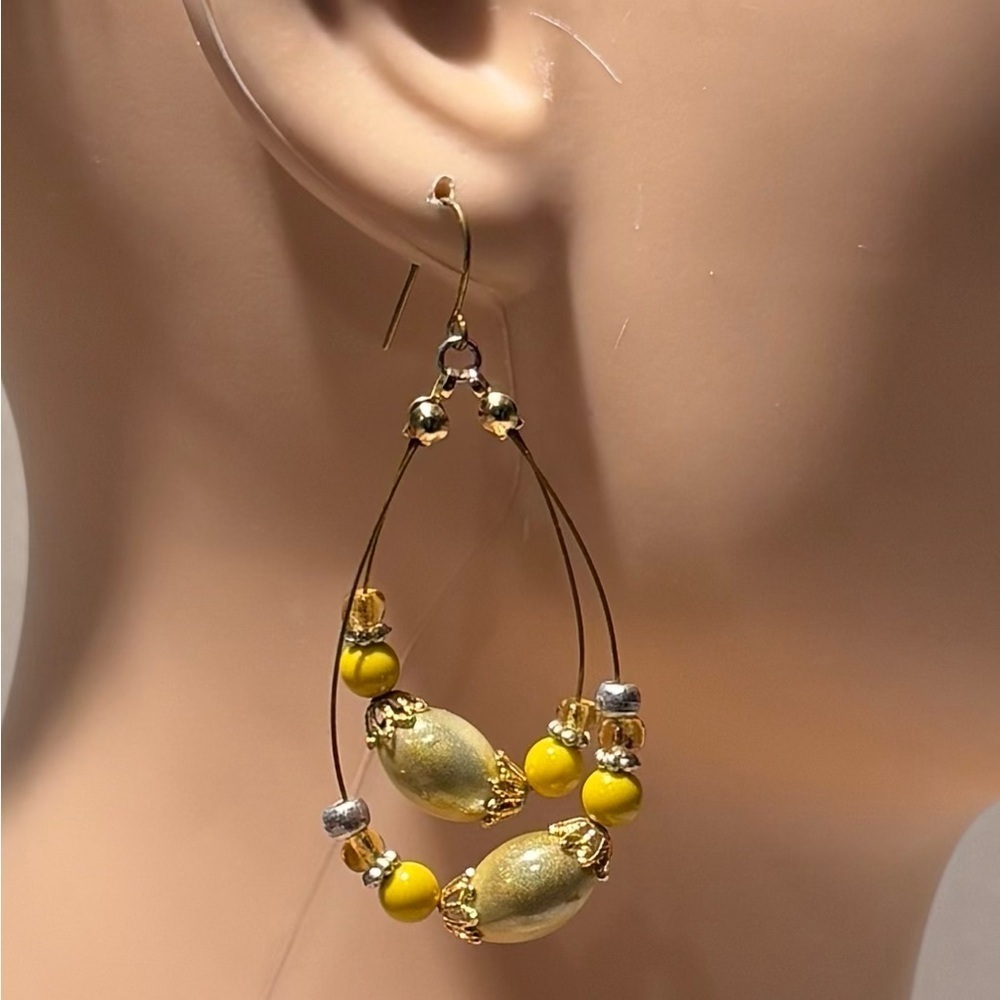 Boho Gold & Yellow Double-Teardrop Beaded Hoop Earrings